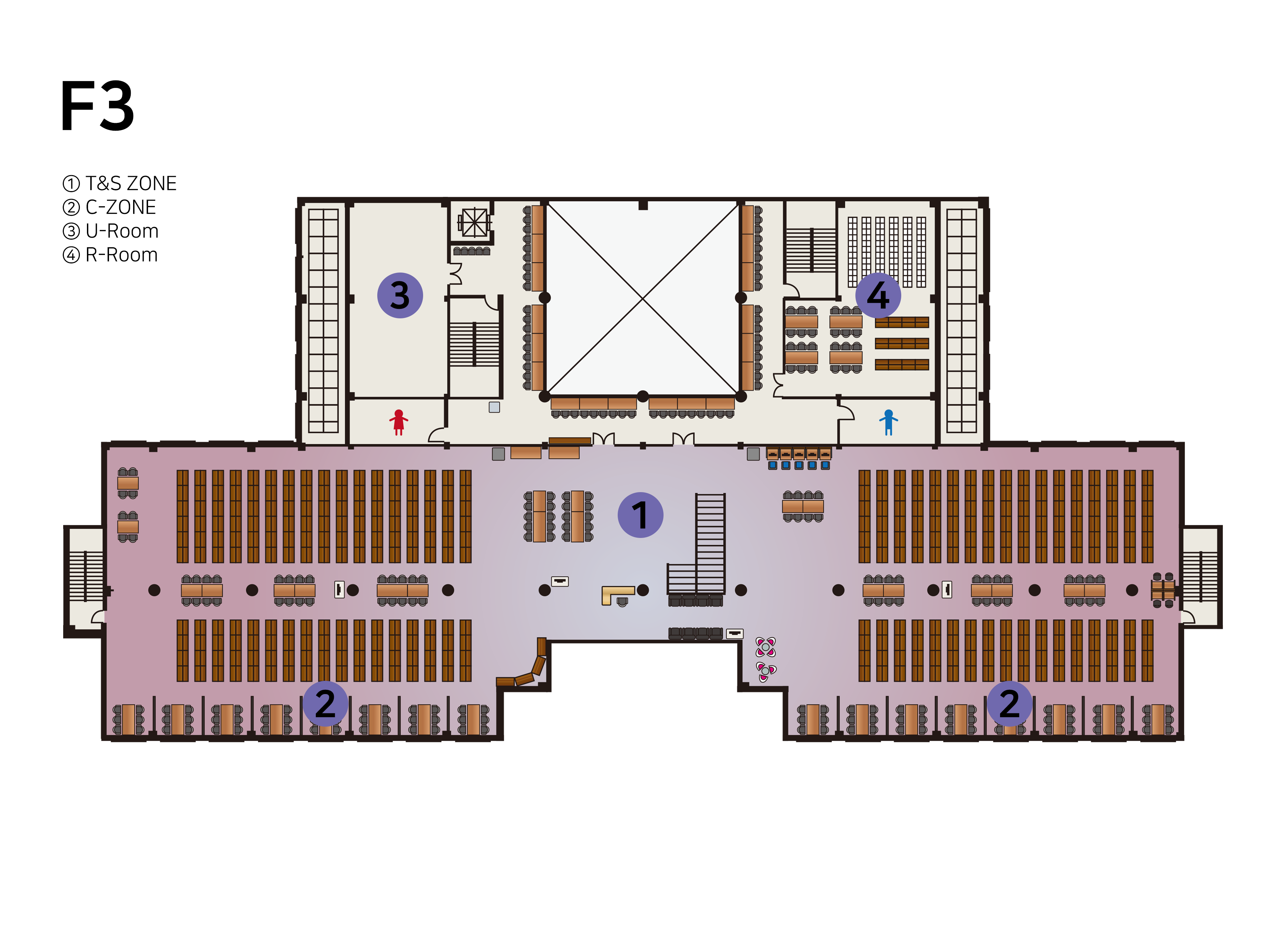 F3층 Research & Mastery Commons 평면도 이미지로 1. T&S ZONR 2.C-ZONE 3.U-Room 4.R-Room 에 대한 위치를 안내합니다.